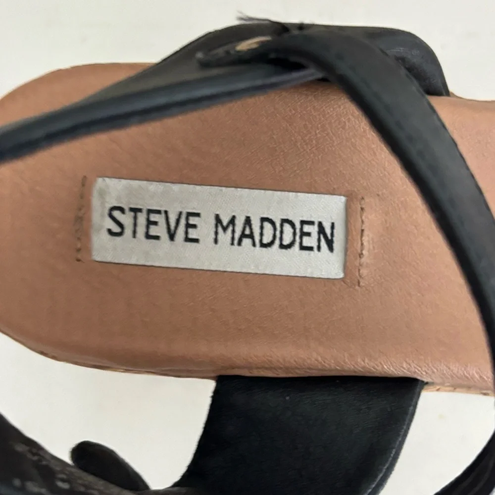 Steve Madden Rosalita Stacked Cork Platform Leather Sandals, Black, 8